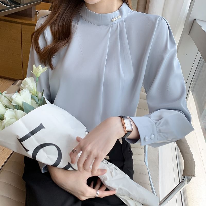 Plain Ruched Band-Collar Long-Sleeved Blouse