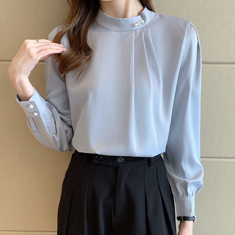 Plain Ruched Band-Collar Long-Sleeved Blouse