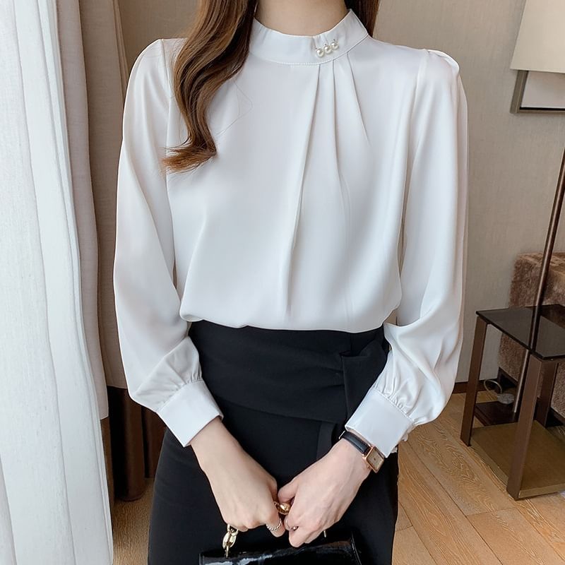 Plain Ruched Band-Collar Long-Sleeved Blouse