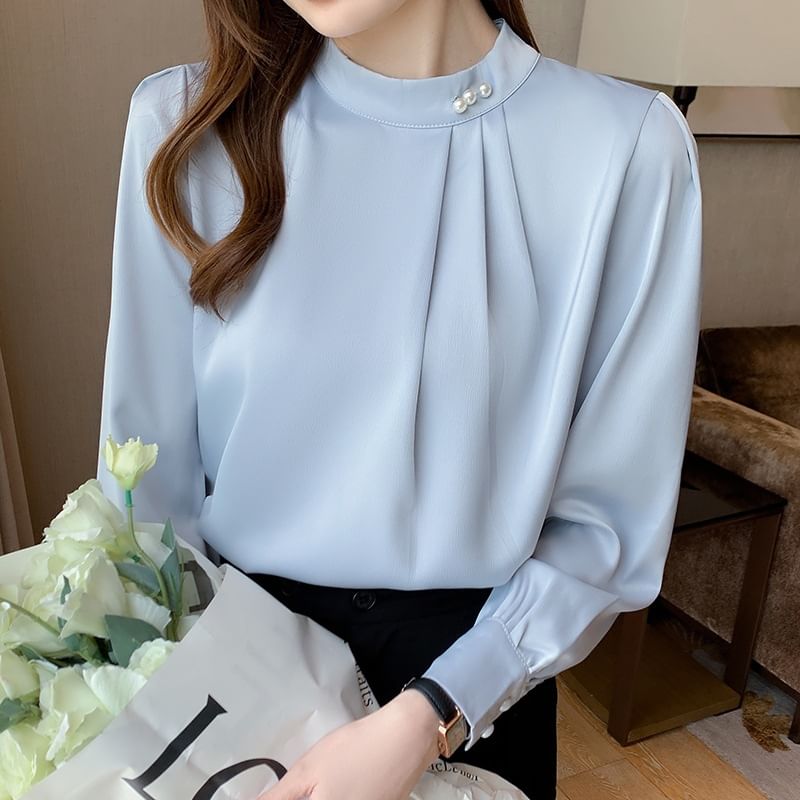 Plain Ruched Band-Collar Long-Sleeved Blouse