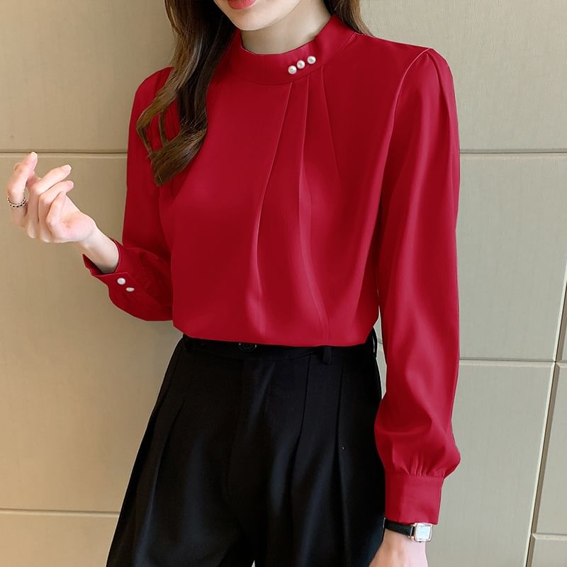Plain Ruched Band-Collar Long-Sleeved Blouse
