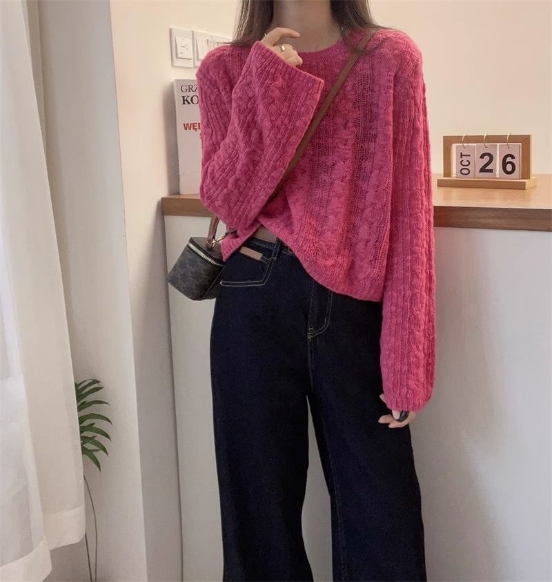 Plain Cable-Knit Crewneck Sweater