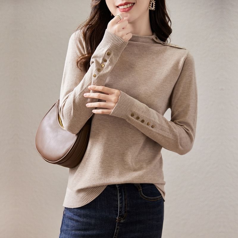 Plain Mock-Neck Long-Sleeved Knit Top