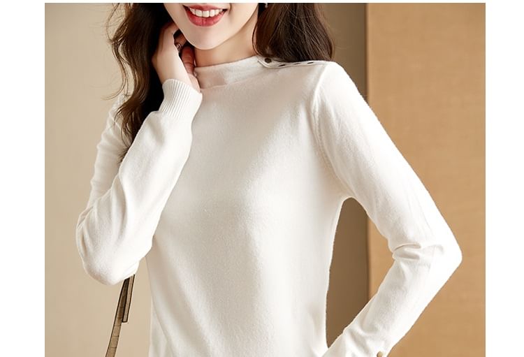 Plain Mock-Neck Long-Sleeved Knit Top