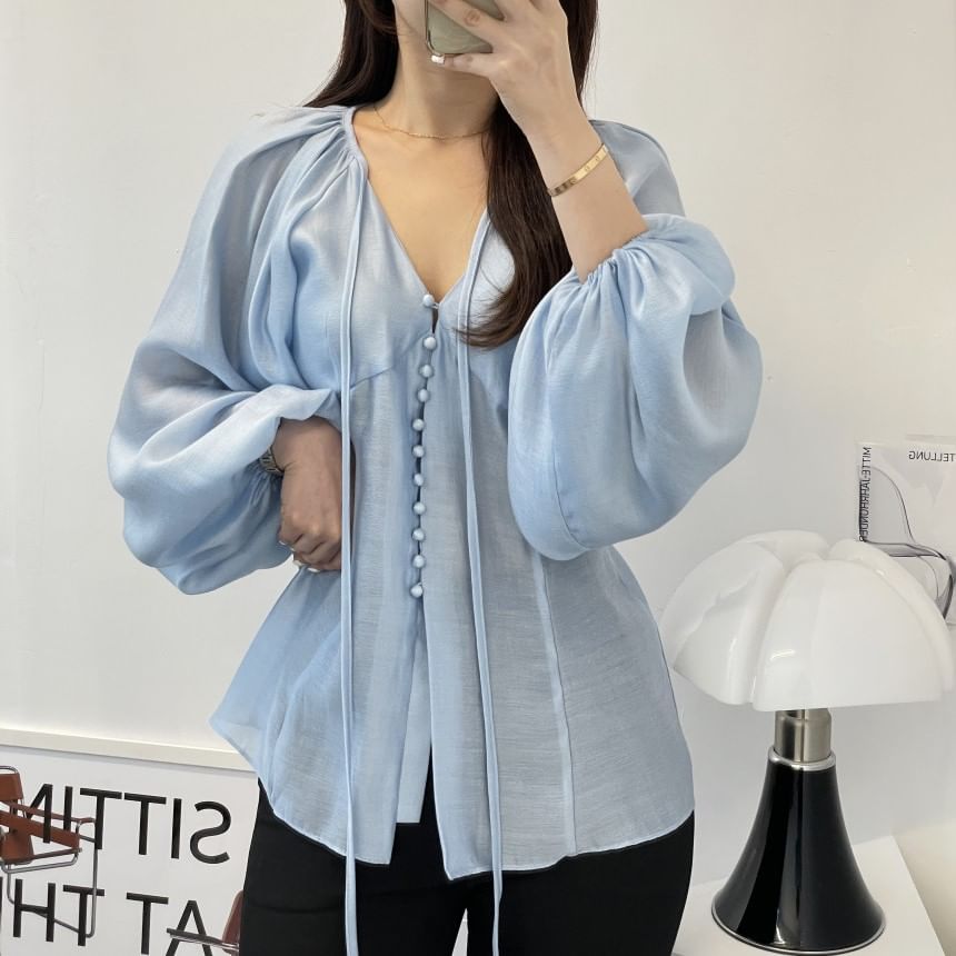 Plain Front-Slit V-Neck Puff-Sleeved Blouse