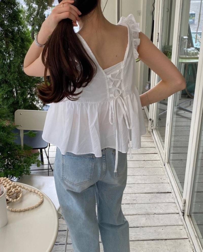 Plain Lace-Up Ruffled Sleeveless V-Neck Blouse