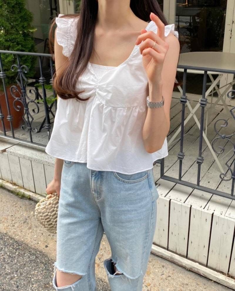 Sleeveless V-Neck Plain Ruffle Lace-Up Blouse