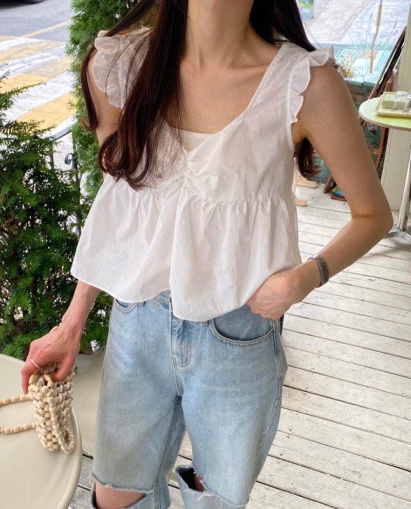 Sleeveless V-Neck Plain Ruffle Lace-Up Blouse