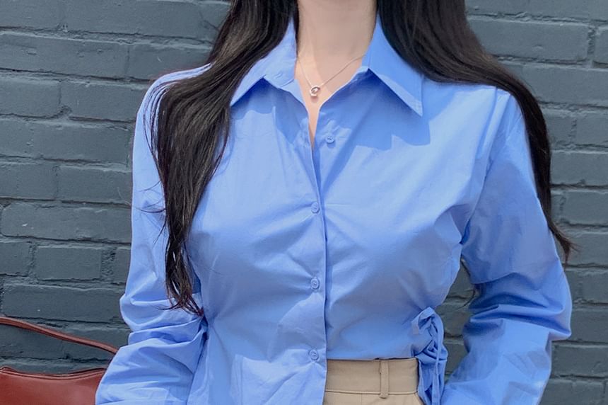 Plain Tie-Waist Sleeved Blouse