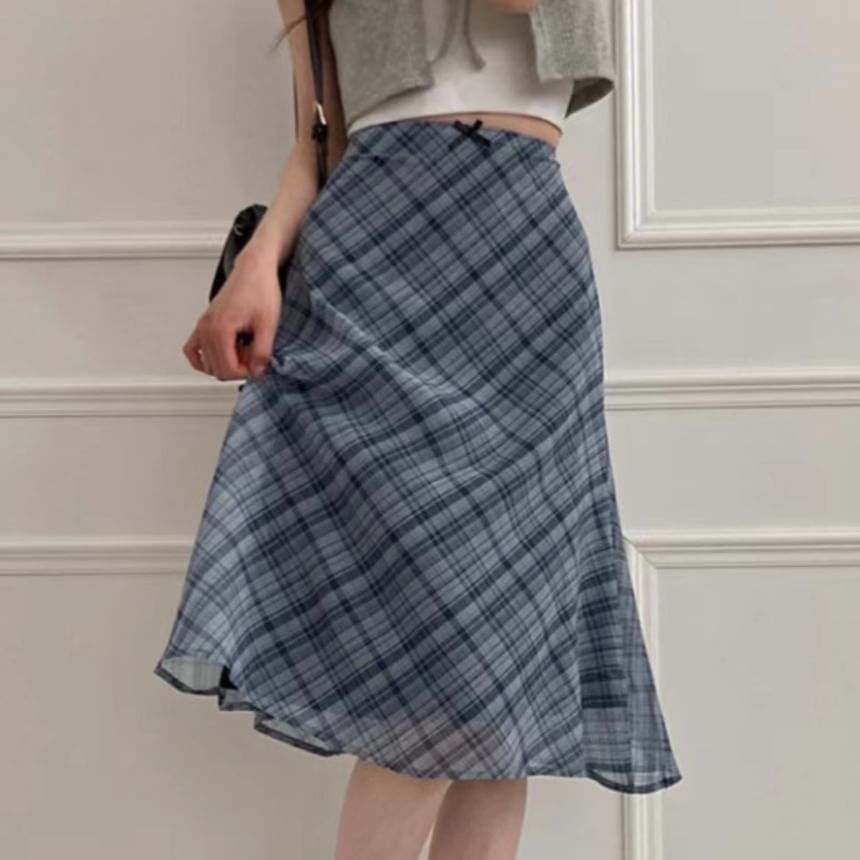 High-Waist Plaid Sheer Midi A-Line Skirt