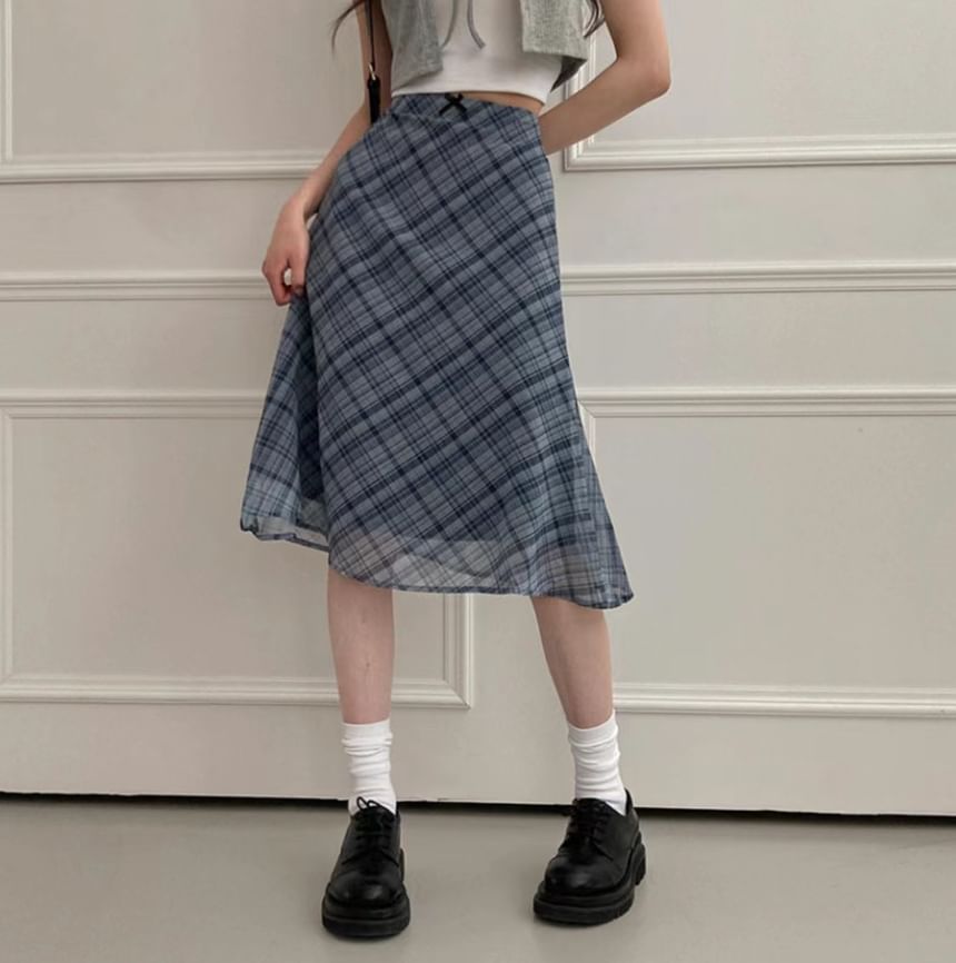 High-Waist Plaid Sheer Midi A-Line Skirt