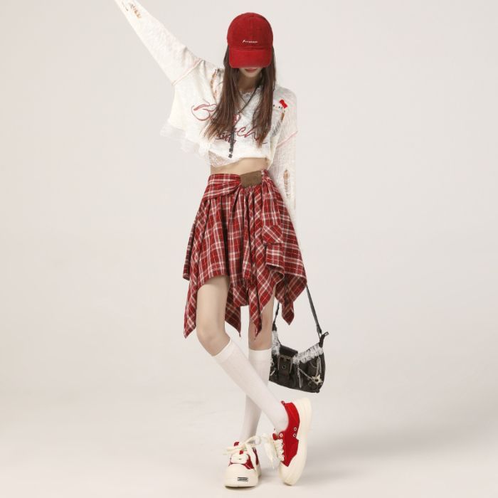 Plaid Asymmetrical A-Line Skirt - High Waist