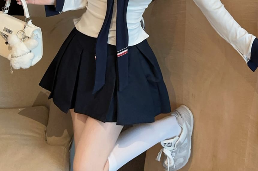 Long-Sleeve V-Neck Top & Mini Pleated Skirt Set