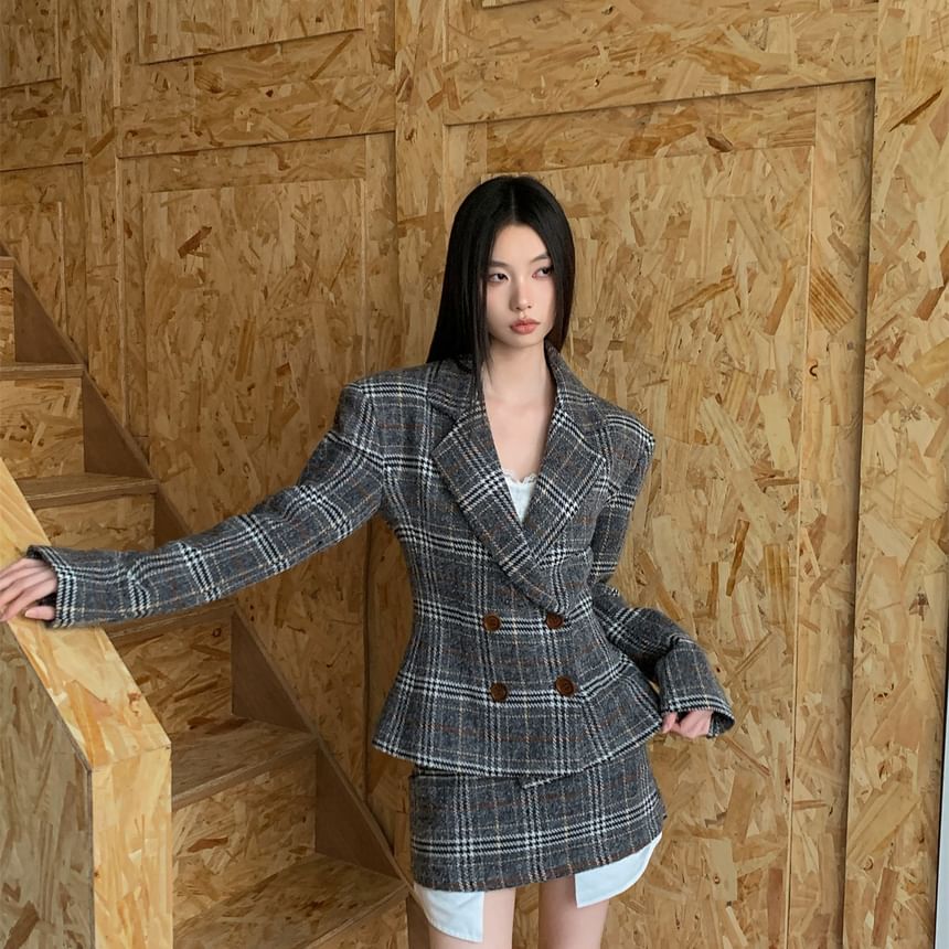 Double-Breasted Plaid Blazer with Notch Lapel & High-Waist Pencil Skirt
