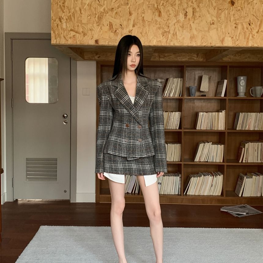 Double-Breasted Plaid Blazer with Notch Lapel & High-Waist Pencil Skirt