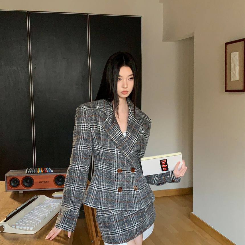 Double-Breasted Plaid Blazer with Notch Lapel & High-Waist Pencil Skirt