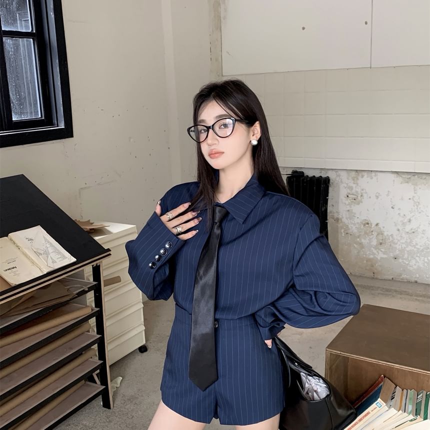 Striped Long-Sleeved Button-Up Shirt & High-Waisted Hot Pants & Necktie Set