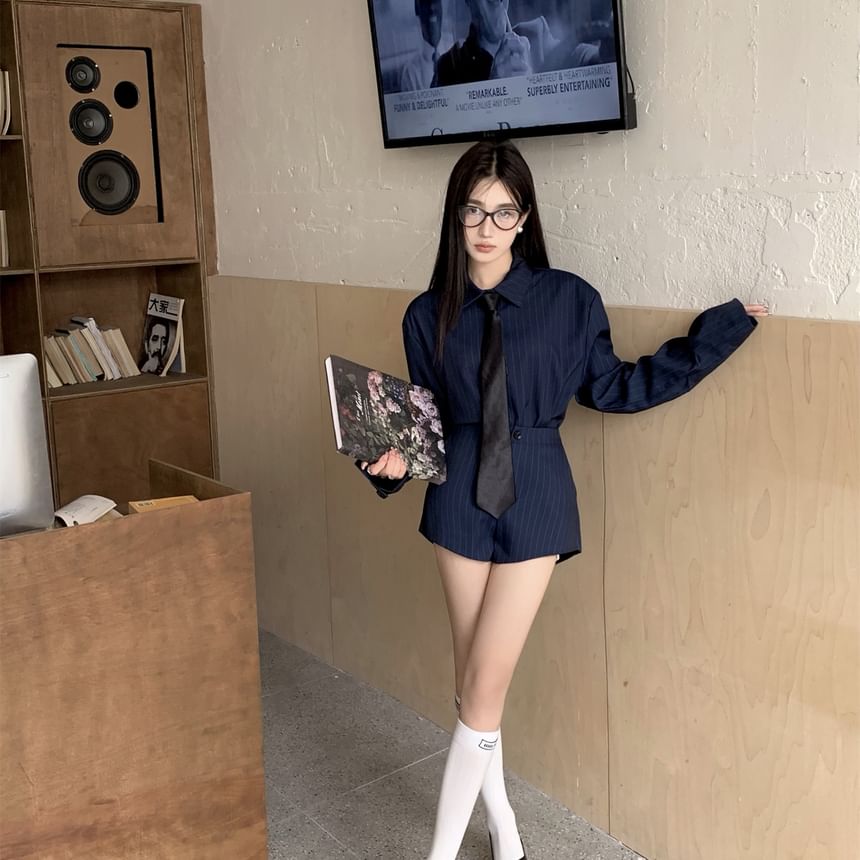 Striped Long-Sleeved Button-Up Shirt & High-Waisted Hot Pants & Necktie Set