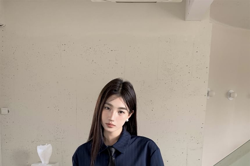 Striped Long-Sleeved Button-Up Shirt & High-Waisted Hot Pants & Necktie Set