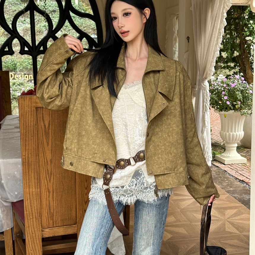 Lace-Paneled V-Neck Camisole Top & Studded Zip-Up Jacket Set
