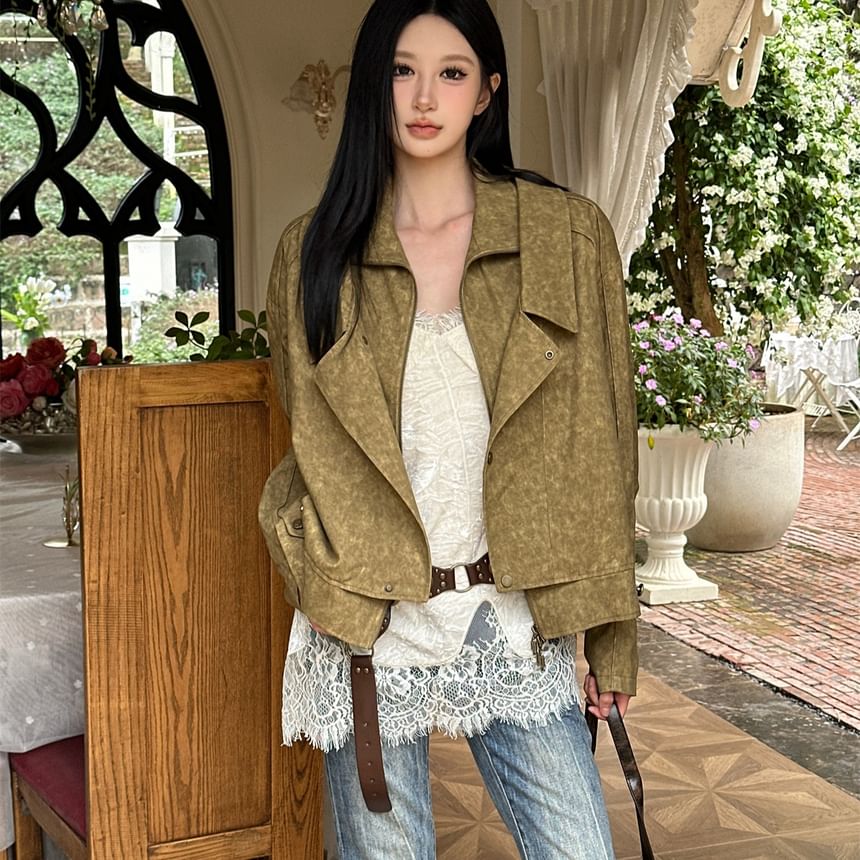 Lace-Paneled V-Neck Camisole Top & Studded Zip-Up Jacket Set