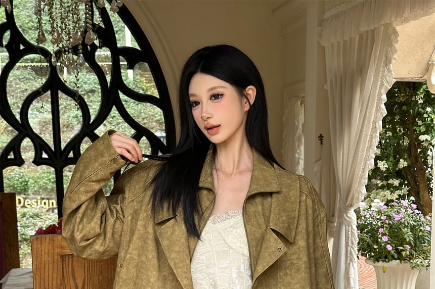 Lace-Paneled V-Neck Camisole Top & Studded Zip-Up Jacket Set