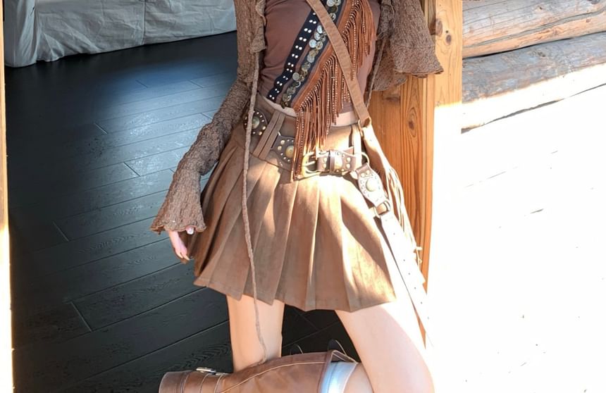 Fringed Studded Crop Tube Top / High Rise Plain Pleated Mini A-Line Skirt / Ruffle Trim Lace Crop Open Front Jacket