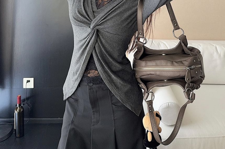 Mock Two-Piece Long-Sleeve Halter Twist Lace Panel Slim Fit Tee