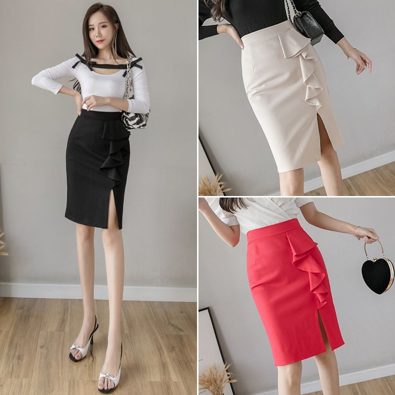 High-Rise Ruffle Trim Slit Pencil Skirt