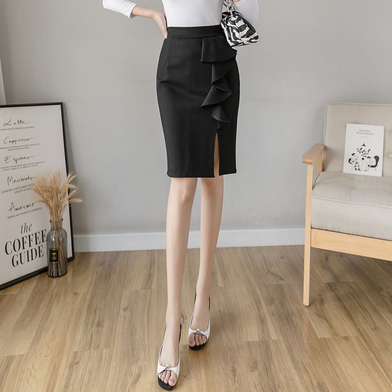 High-Rise Ruffle Trim Slit Pencil Skirt