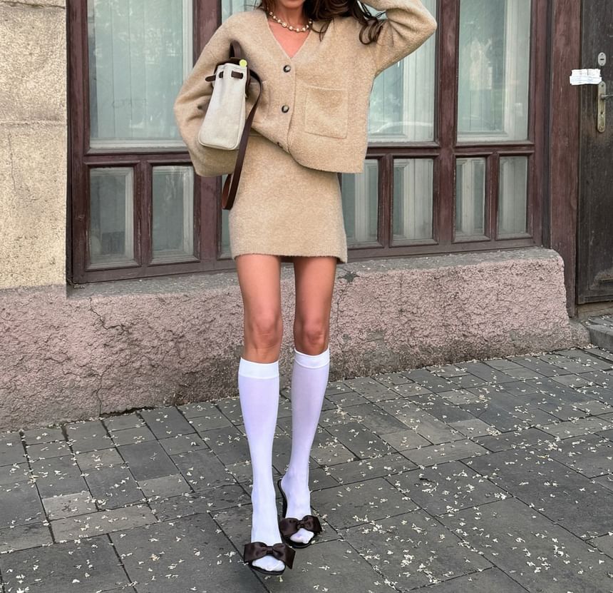 Long Sleeve V-Neck Loose-Fit Cardigan & High-Waist Knit Mini Skirt