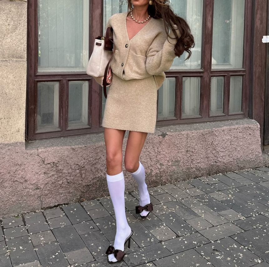 Long Sleeve V-Neck Loose-Fit Cardigan & High-Waist Knit Mini Skirt