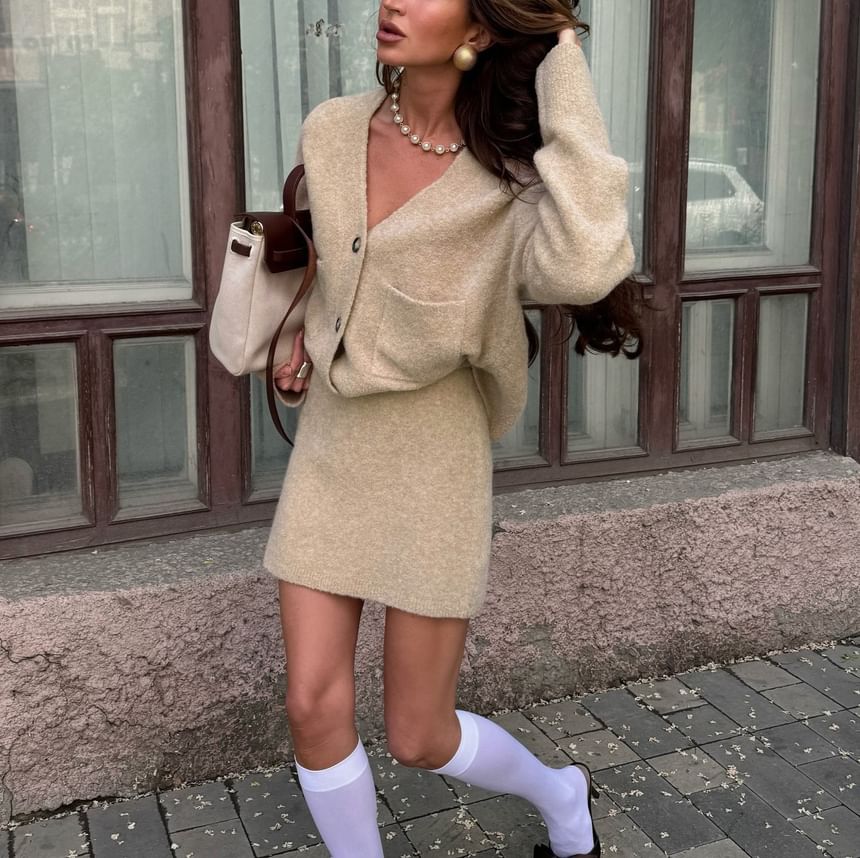 Long Sleeve V-Neck Loose-Fit Cardigan & High-Waist Knit Mini Skirt