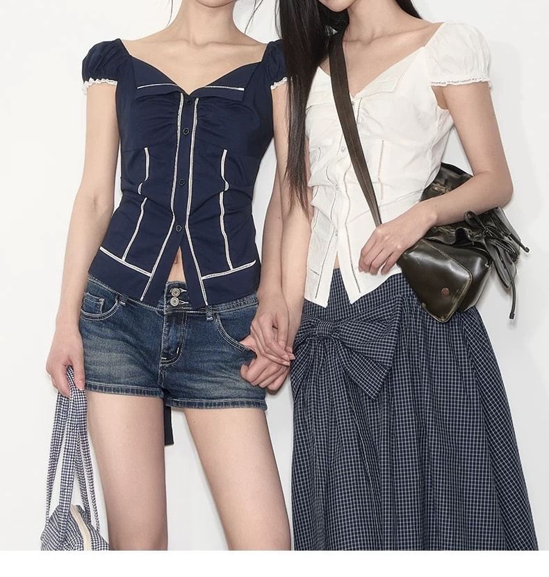 Short-Sleeve V-Neck Plain Ruched Blouse