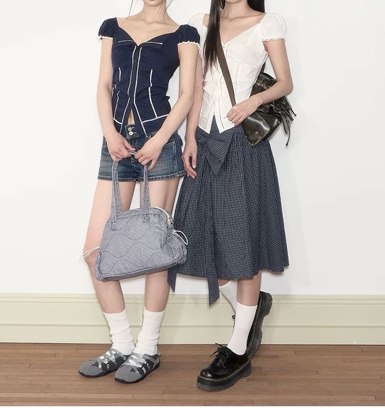 Short-Sleeve V-Neck Plain Ruched Blouse