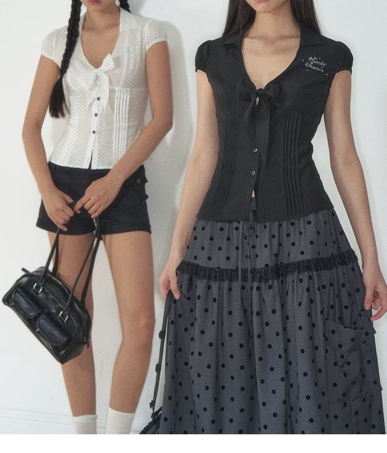 Short-Sleeve V-Neck Lettering Button Up Blouse