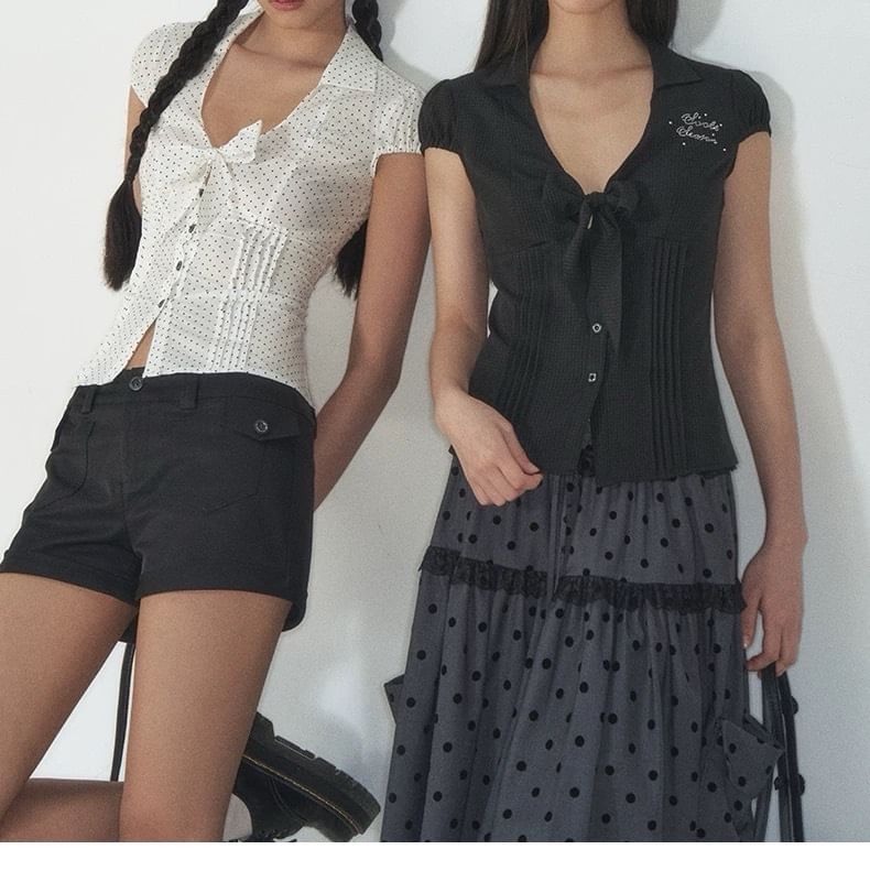 Short-Sleeve V-Neck Lettering Button Up Blouse