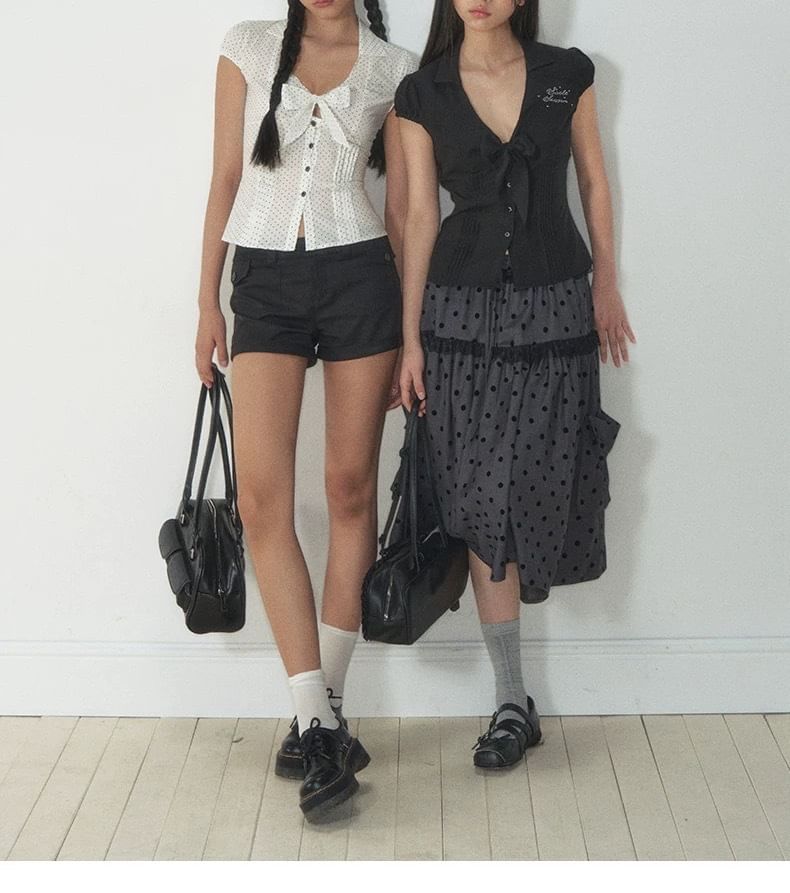 Short-Sleeve V-Neck Lettering Button Up Blouse