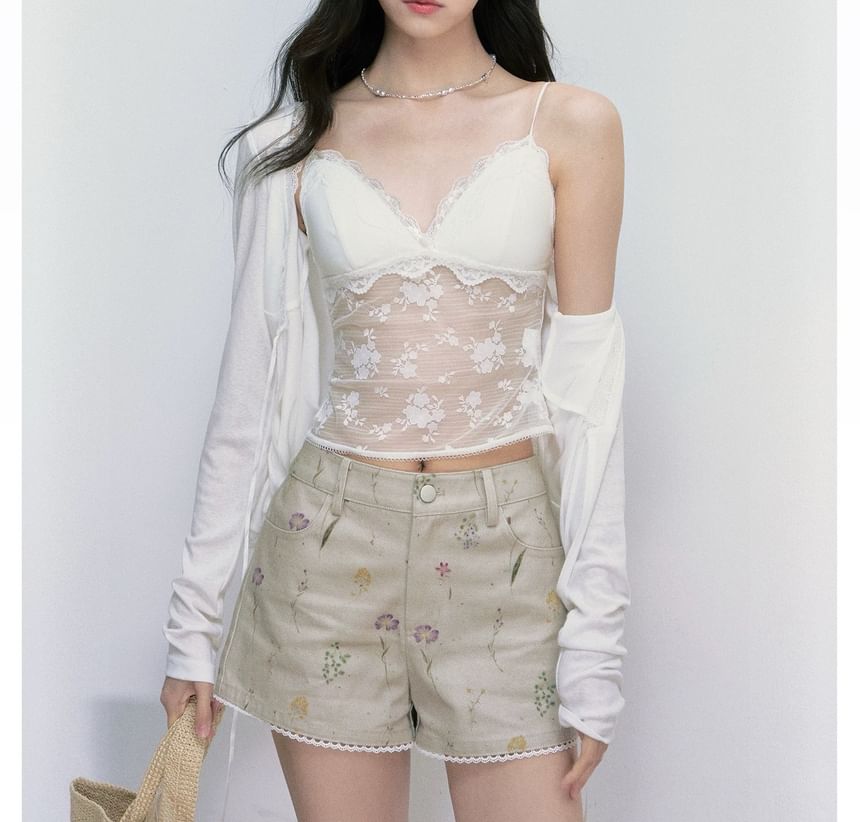 V-Neck Lace Camisole Top / Plain Light Cardigan