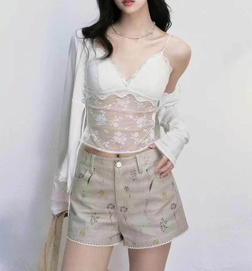 V-Neck Lace Camisole Top / Plain Light Cardigan