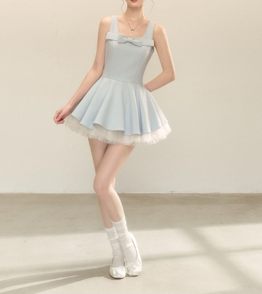 Sleeveless Square Neck Plain Bow Detail Mini A-Line Dress