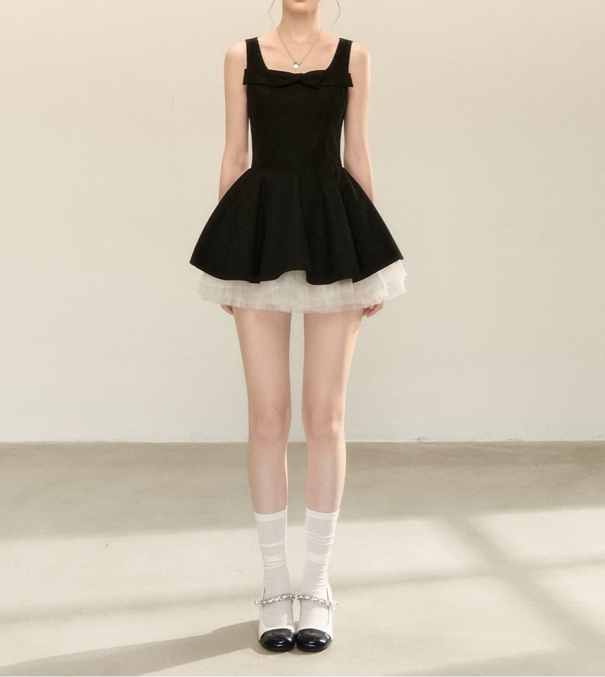 Sleeveless Square Neck Plain Bow Detail Mini A-Line Dress
