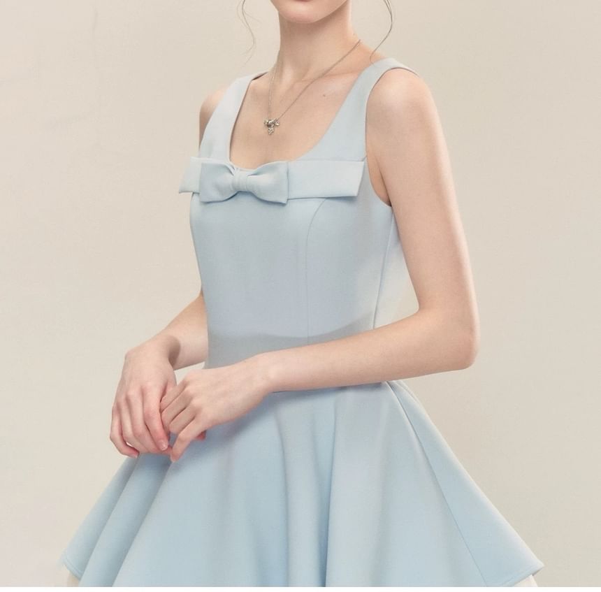 Sleeveless Square Neck Plain Bow Detail Mini A-Line Dress
