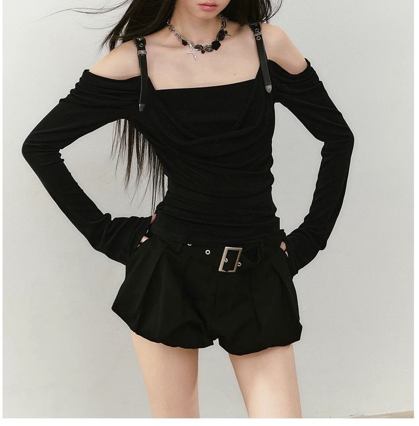 Long-Sleeve Off Shoulder Plain Ruched T-Shirt