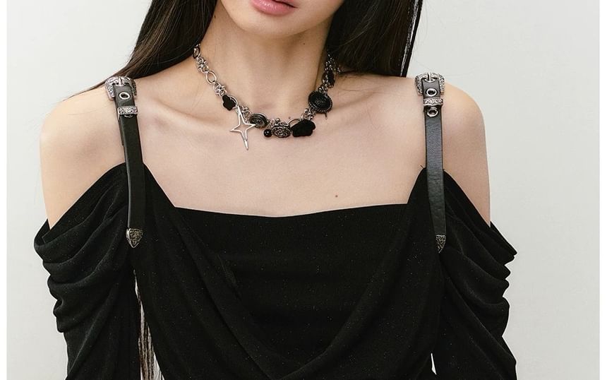 Long-Sleeve Off Shoulder Plain Ruched T-Shirt