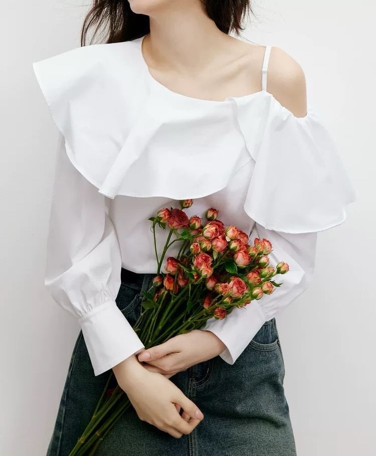 Long-Sleeve Cold Shoulder Plain Ruffle Trim Blouse