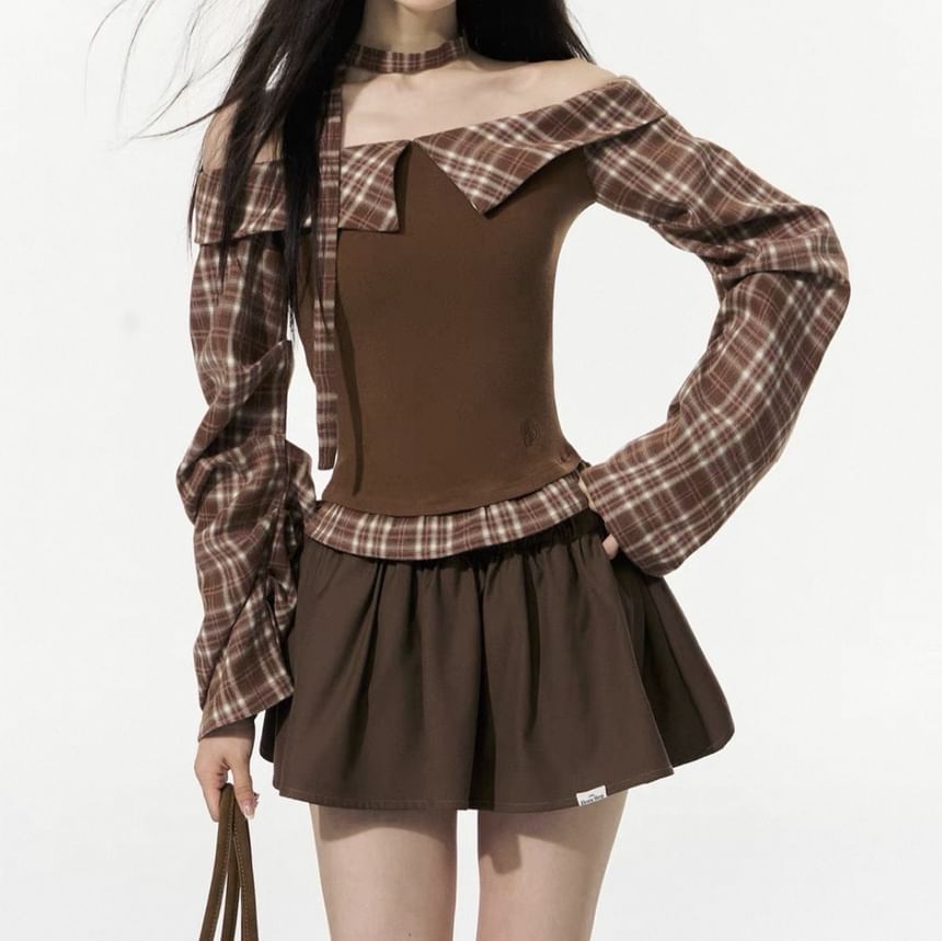 Long-Sleeve Off Shoulder Plaid Panel Blouse / High Rise Mini A-Line Skirt
