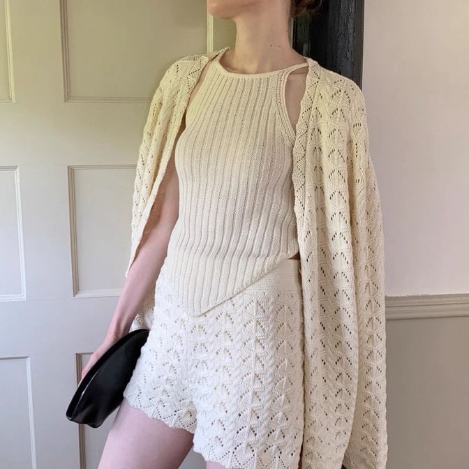 Spaghetti Strap Plain Knit Camisole Top / High Waist Shorts / Pointelle Cardigan / Set