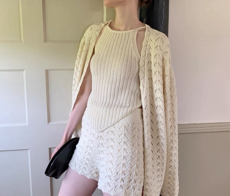 Spaghetti Strap Plain Knit Camisole Top / High Waist Shorts / Pointelle Cardigan / Set