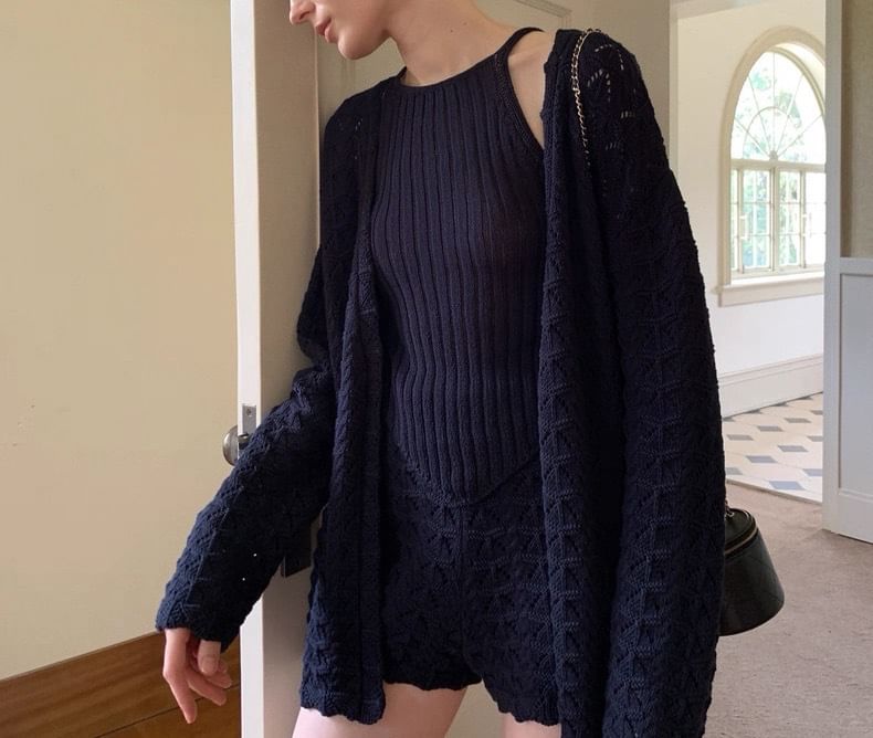 Spaghetti Strap Plain Knit Camisole Top / High Waist Shorts / Pointelle Cardigan / Set